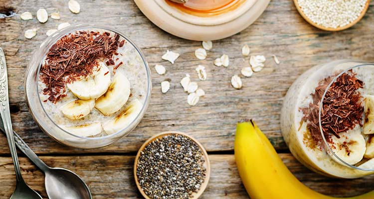 overnight banana oats quinoa Chia seed pudding decorated with ba